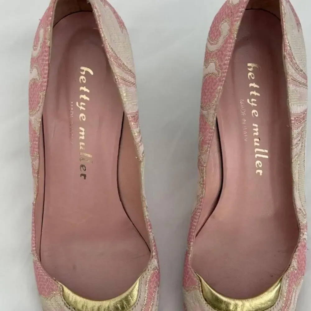 Vintage Bettye Muller Pink & Gold Brocade Kitten Heel Size 39- 8.5